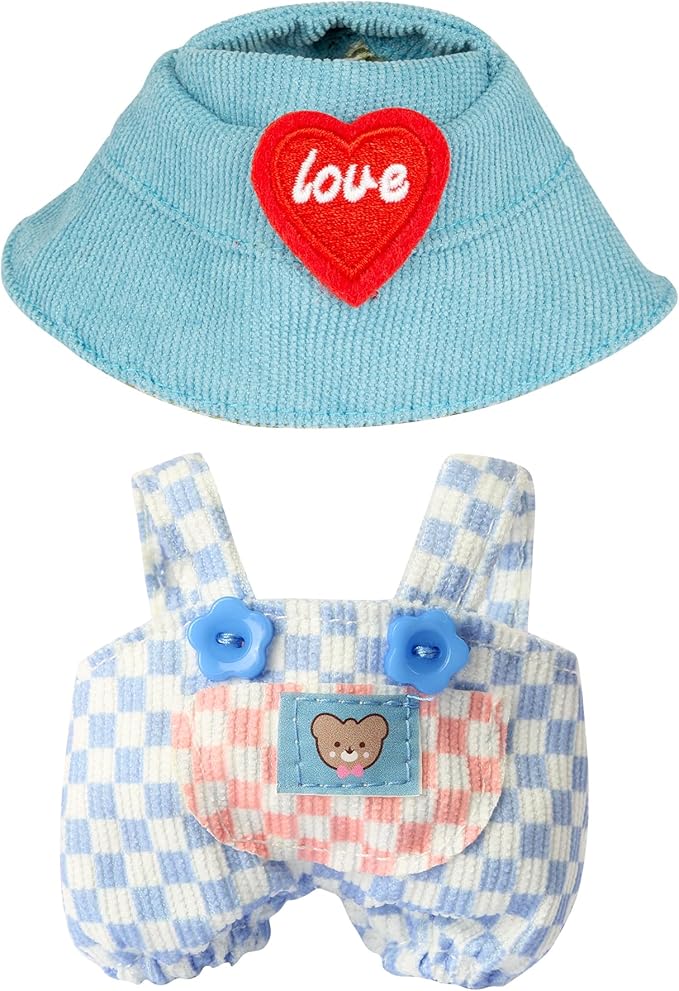 17cm Doll Clothing for Labubu - Kawaii Chic Style Set for 17cm Dolls, Cute Doll Outfit with Accessories - Blue and White Check Romper + Heart Shaped Blue Hat (Clothes Only)