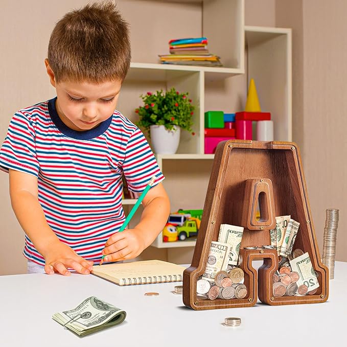 Customized Name Large Wooden Piggy Bank for Kids Boys Girls Alphabets Letter A-Z Coins Bills Money Change Bank Box Initial on Clear Cover (Laser Engraved) (Alphabet-A, Personalized-12)