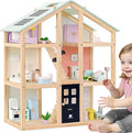 Wooden Dollhouse, 3-Story Wooden Doll House with 38-Piece Furniture, 6 Rooms Modern Family Playhouse, Movable Stairs & Adjustable Pendant Lights, Gift for Kids Ages 3+