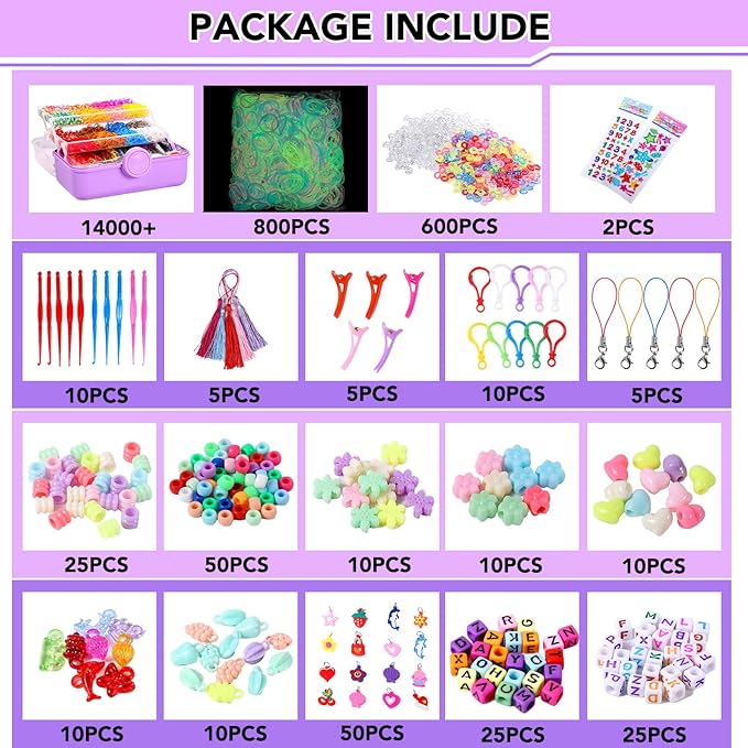 18500+ Bracelet Making Kit Rubber Band, 26 Colors Rubberband Bracelet Kit with 3 Layer Container Includes Glow-in-The-Dark Rubber Bands, Bracelet Making Refill Kit Birthday Gift for Kids(Purple)