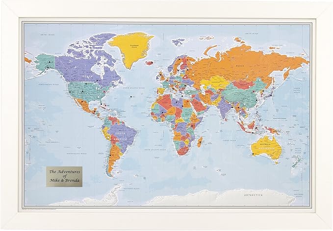 Push Pin Travel Maps - Customizable Blue Oceans World with Textured White Frame- 27.5" x 39.5" - 8 Handcrafted Frame Options - Made in USA - Ideal for Adventurous Travelers