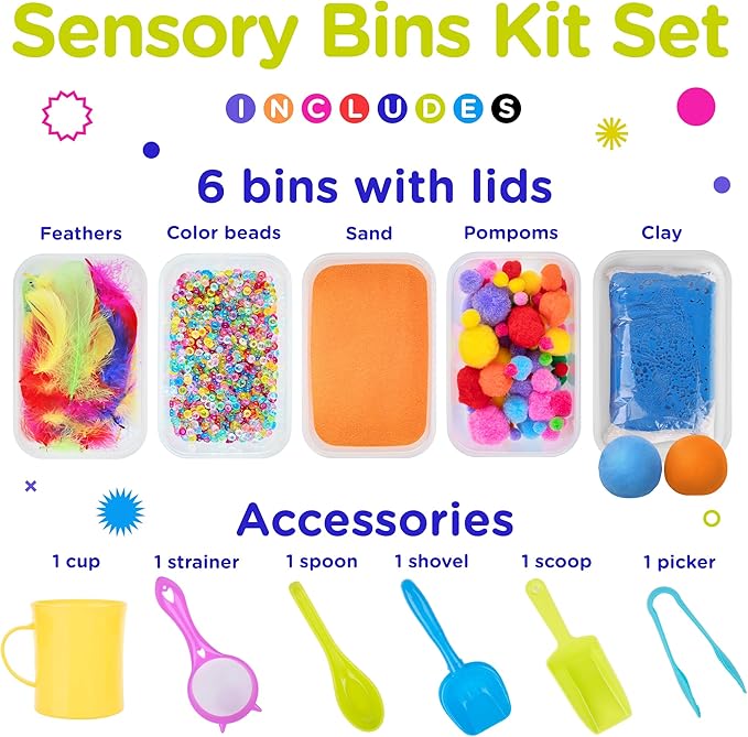 Sensory Kit for Toddlers and Kids - Includes 6 Bins with Lids, Play Tools, Sand, Feathers, Clay, Color Beads and Pom Poms Kids Box Fillers (2 Pack)