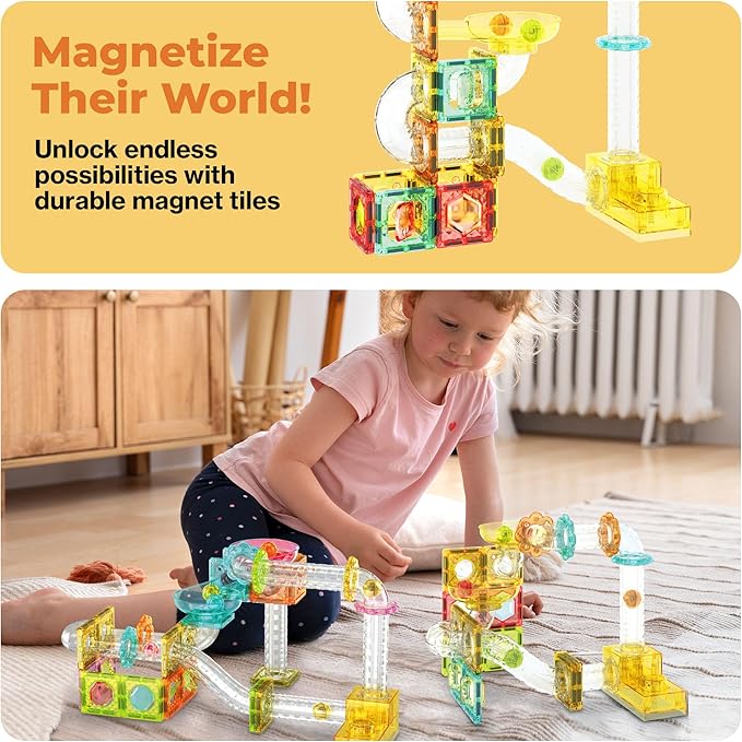 PicassoTiles Magnet Tile Building Block 80pc Marble Run Race Track Travel Size Pretend Play Toy With Launcher Lifter STEM Education Learning Magnetic Tiles Construction Kit School Boys Girls 3+ PTMG80