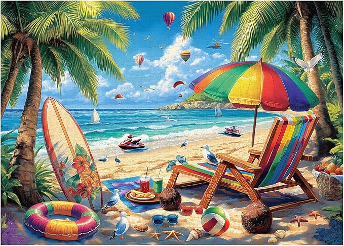 Beach Puzzles for Adults 1000 Pieces, PICKFORU Vintage Summer Puzzle Lounge Chair Beach Vacation, Difficult Seaside Puzzles for Adults, Colorful Art Puzzle as Wall Decor