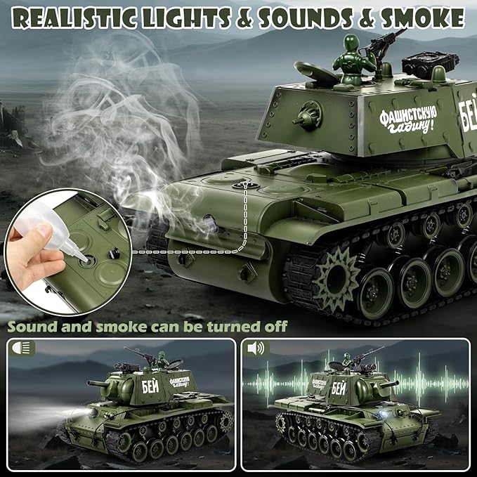 1:18 RC Tank, 2.4Ghz Soviet Union KV1 Remote Control Tank Model Toys, 15 Channel Battle Army Toy with Smoke, Light and Sound, Military RC Vehicle for Adult and Kid that Shoot BBS and Water Bomb