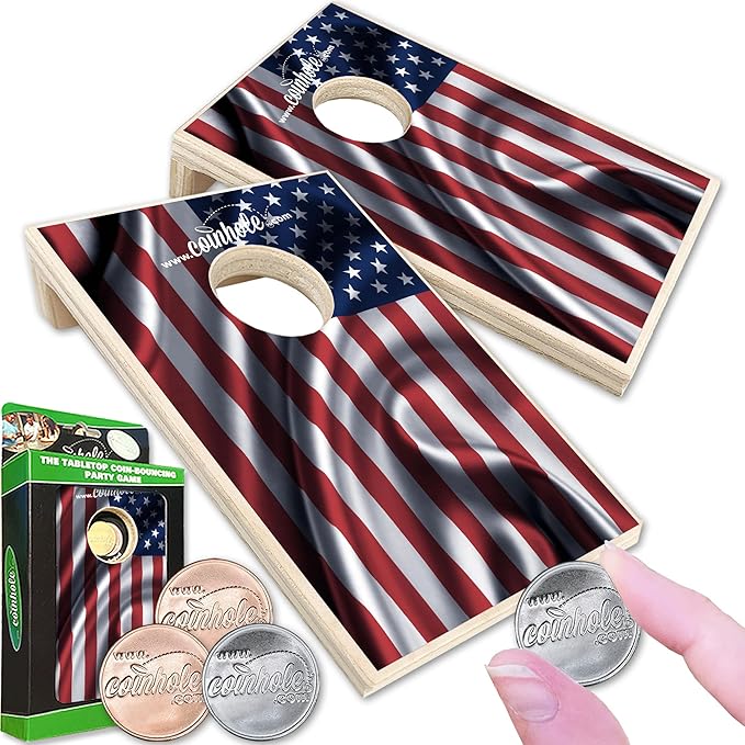 Coinhole Desktop Coin Bouncing Party Game Set | Tabletop Cornhole Board Game | Small Cornhole Travel Game Includes Coins