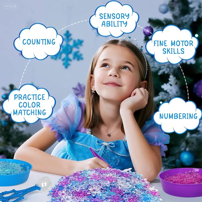 208 Pcs Winter Frozen Sensory Bin Items Winter Acrylic Snowflake Counting Sorting Sensory Bin Filler Fine Motor Frozen Snowflake Counts for Xmas Counting Decor