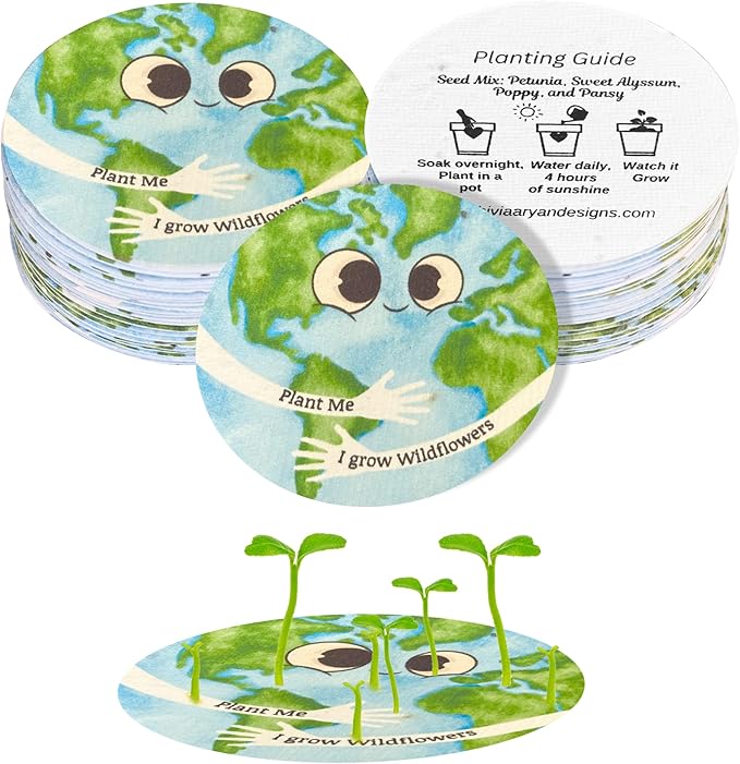 25 Plantable Seed Paper Cards- Earth Circles with Wildflower Seeds, Kids Craft Activity, Educational Garden Party Favor, School Crafts - 2.5 inch