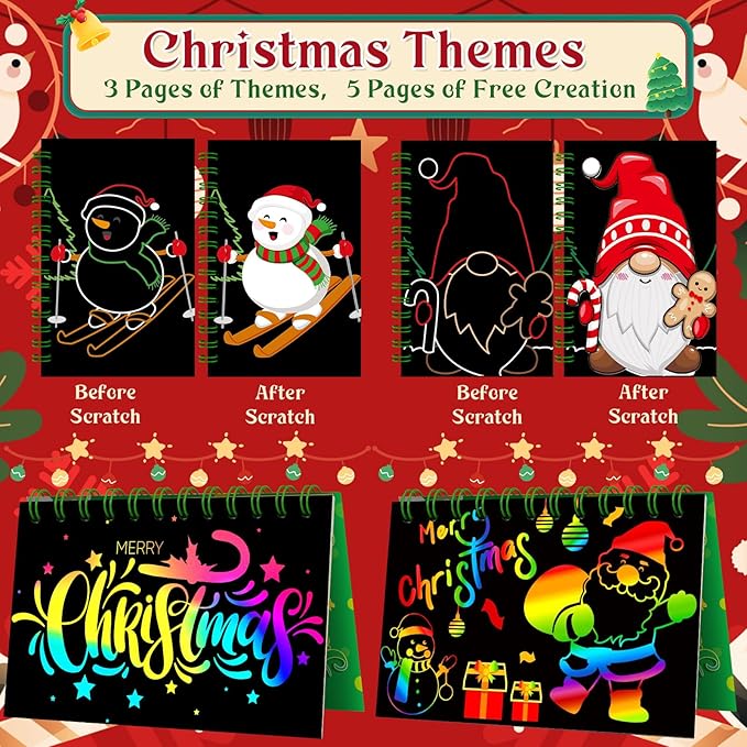 24 Pack Christmas Scratch Art Party Favors for Kids - Rainbow Scratch Paper with Christmas Scratch Off Cards Easter Birthday Goodie Bags Stuffers - Winter Holiday Gifts DIY Classroom Prizes