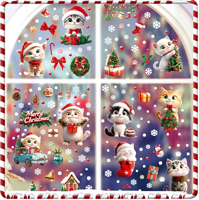 9 Sheets Christmas Cats Window Clings Reusable Kitty Animal Xmas Tree Window Decals Double Side Printed Window Stickers Glass Door Home Party Supplies Showcase Decoration
