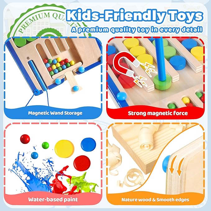 FCSONU Kids Magnetic Color Matching Puzzle Board Toys, Toddler Montessori Toys for 3 4 5 6 Years Old Boy Girls Birthday Gifts, Wooden Sensory Autistic Puzzle Maze Game Age 3-6, Preschool Activities