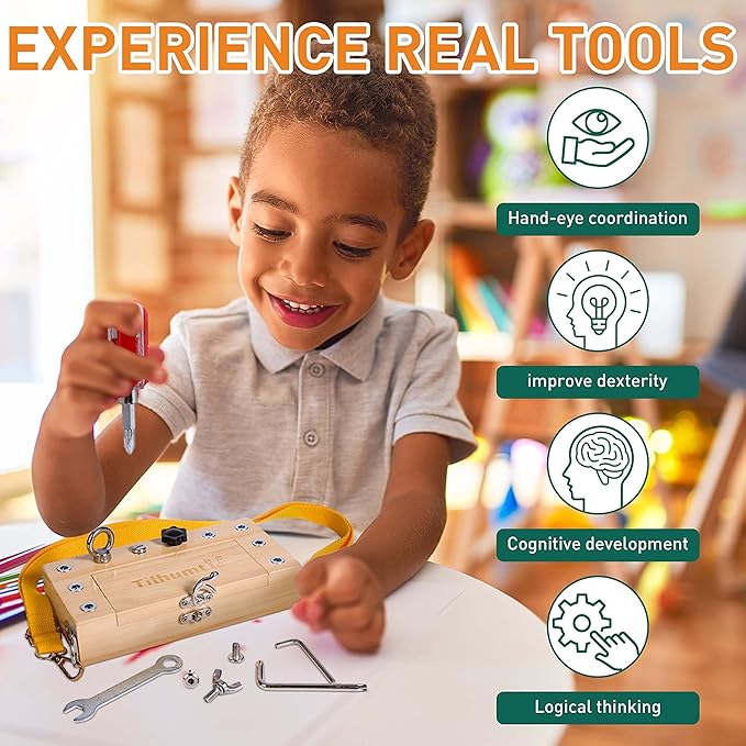 Tilhumt Montessori Screwdriver Board Set - Portable Busy Board Screwdriver Toy Set for 3-5 Toddlers for Travel with Carry Strap & Storage Box, Kids Nut/Bolt Montessori Educational Tools