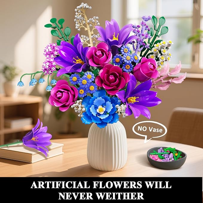 Flowers Bouquet Building Set with LED Light, 21 Flower Botanical Collection Building Block Toy, Rose Lily Plants Home Office Decor 1054PCS, for Her Adults Women Kids Girls 12+ (Purple)