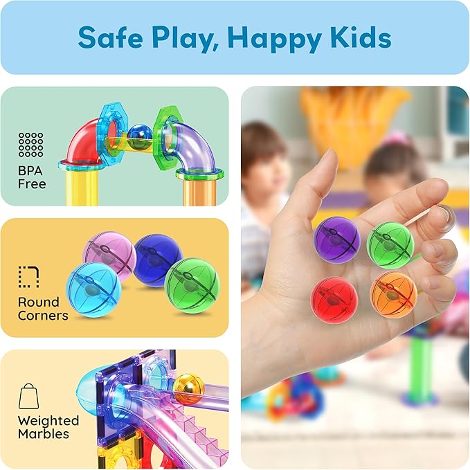 PicassoTiles 8pc Marbles for Magnetic Block Tiles Marble Run Race Track Magnet Building Tile Blocks Racetrack Maze Construction Toys Creative Toy Girls Boys 3 and Up Early Education STEM Learning Kit