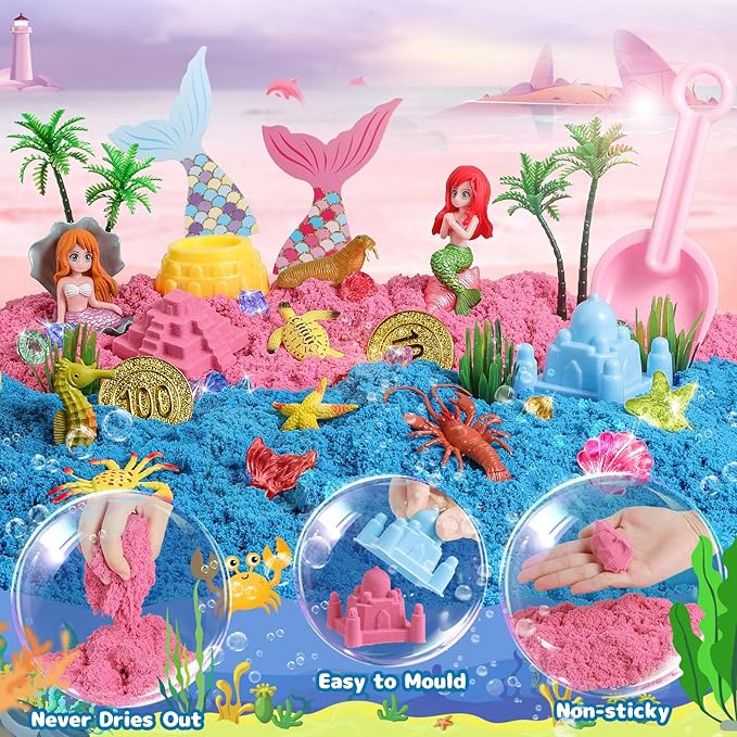 Mermaid Sensory Bin,Play Sand Art Kit for Girls and Boys with 2.2lbs Sensory Play Colored Sand,Treasure Accessories and Sandbox,Beach Toy Christmas Birthday Present for Kids Ages 3 4 5 6 7 8