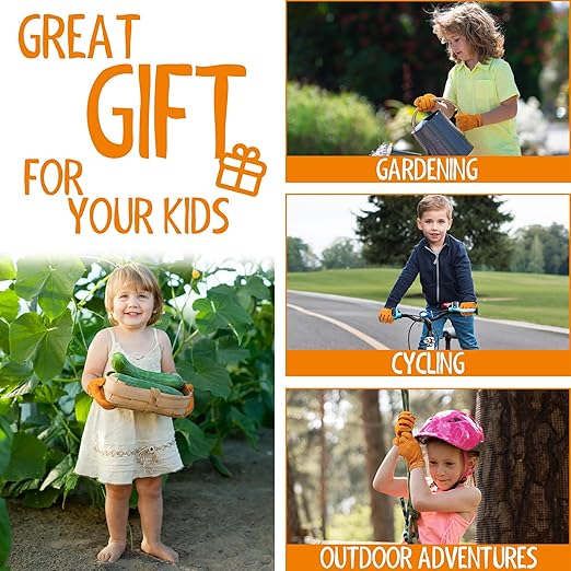 HANDLANDY Kids Genuine Leather Work Gloves for ages 3-11, Children Gardening Gloves for Boys, Girls (Large (for age 8-11), Orange)