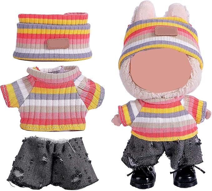 Clothes for 17cm Doll (NO Doll),Adorable Outfit ，Handcrafted Clothes Set with Dress Up ,Ropa Accessories Hat + Sweater + Pants (Rainbow + Black)