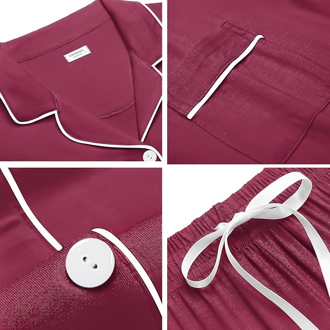 SWOMOG Womens Button Down Pajamas Set Short Sleeve Sleepwear Bride Soft Pj Lounge Sets XS-3XL