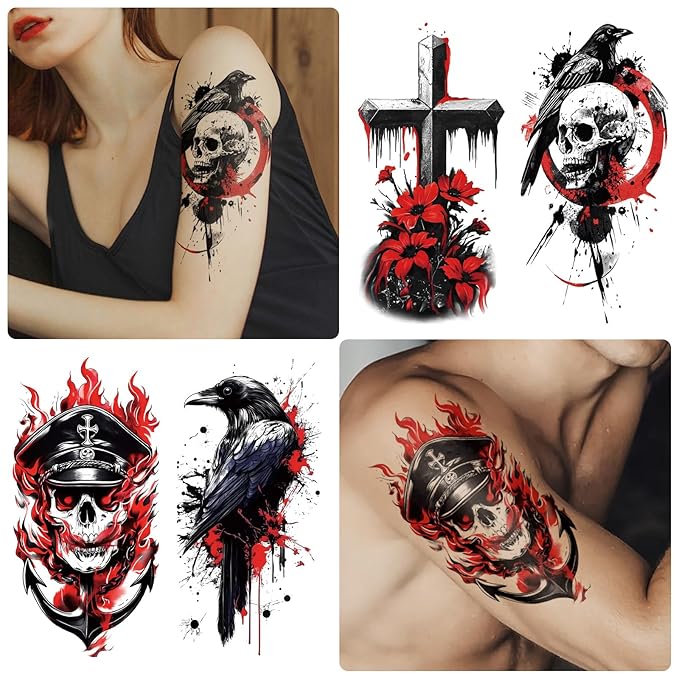77 Sheets Temporary Tattoos for Adults and Kids, Cool Waterproof Fake Tattoos, Black and Red Trash Polka Half Arm Sleeve Small Tattoos
