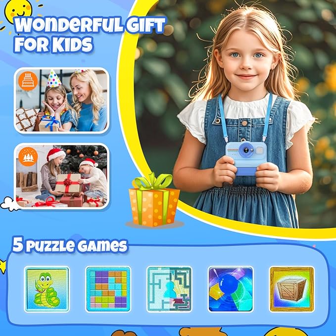 Kids Instant Print Camera - 1080P HD, 3 Rolls Paper & 32GB Card, Ideal Gift for Boys & Girls Age 3-14 (Blue)