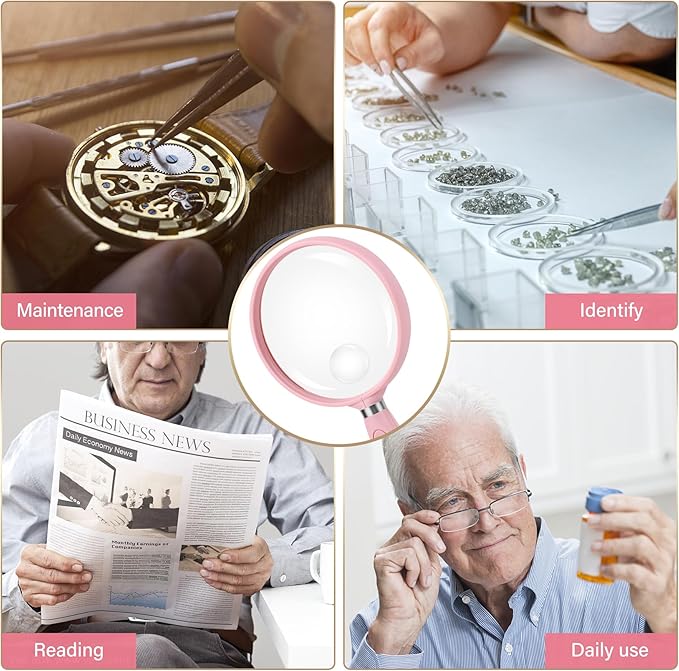 Feosky Handheld Reading Magnifier, 10X 30X Magnifier, 75mm Shatterproof Lens, Non-Slip Handle for Adults Close Work, Seniors Reading and Kids Nature Exploration, Hobby Observation(Pink)