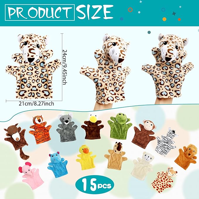 15 Pack Safari Animal Hand Puppet Zoo Plush Animal Hand Puppets Elephant Giraffe Bear Monkey Zebra Stuffed Puppet Toys for Kids Adult Show Theater Telling Story Teaching Role Play