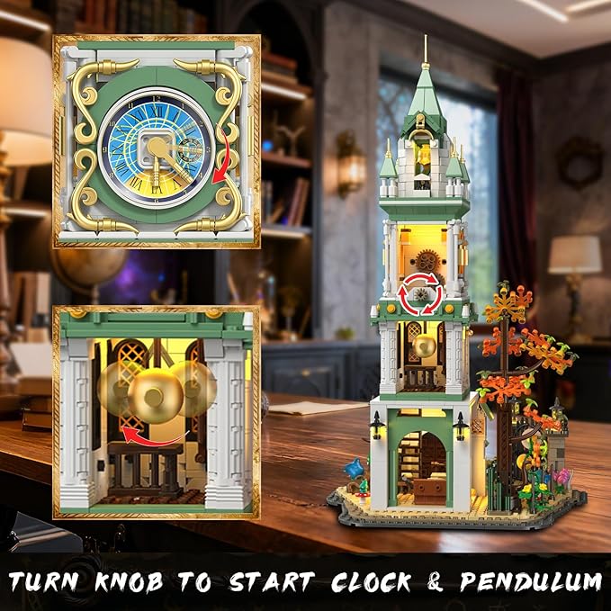 Magic Clock Tower Building Set with Light, 1566 PCS Big Medieval Castle House Construction Model with Owl & Garden, Home Decor Building Block Kit, for Adults Teens Boys Girls 12+