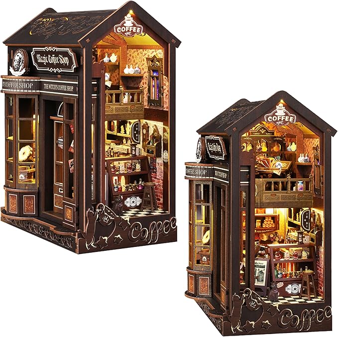 ISSEVE Book Nook Kit - DIY Miniature Dollhouse Booknook for Adults Teen, 3D Wooden Puzzle Tiny House Kit Bookshelf Decor, Gifts for Men Women Halloween Christmas Birthday (Coffee Shop)