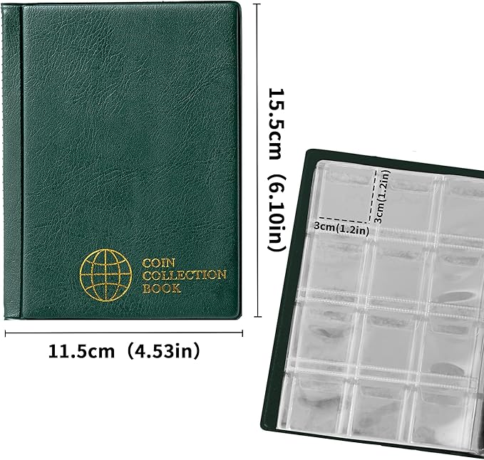 Collection Album 120 Pockets - 3x3cm/1.2x1.2 Inch Coin Holder Book Storage for Money Penny Collectors Green CS0112GR