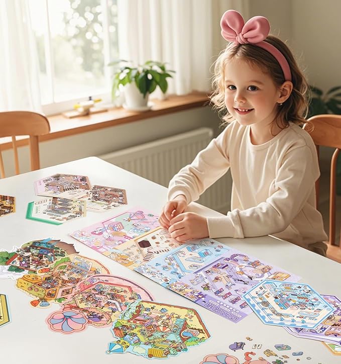 DIY 3D House Stickers, 4 Sets Fun DIY Stickers Scene Make Your Own Mini House Cute Cartoon Animal Scene Stickers for Kids Adult Sticker Art Relief Stress Pass The Time-Large Size