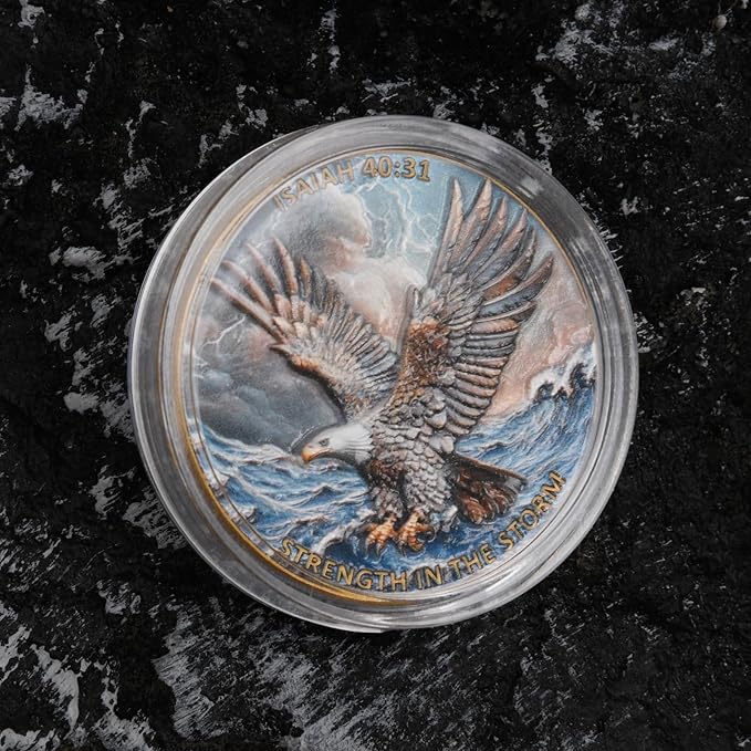 Eagle & Isaiah 40:31 Challenge Coin - Inspirational Christian Prayer Coin - Strength in The Storm - Pocket Gift with Clear Case(Pack of 5)