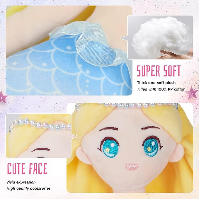 Athoinsu Mermaid Princess Stuffed Animal Soft Plush Toy Doll Birthday Children's Day for Toddlers Girls, Yellow, 15.5''