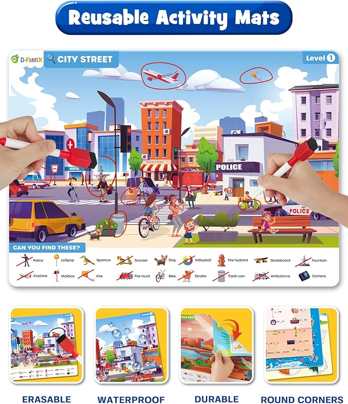 Preschool Learning Activity - Search and Find Book, Reusable Learning & Education Toys, Travel Game for Road Trip Car Airplane, 24 Activity with 4 Dry Erase Markers, Birthday Gifts for Kid Ages 3-6