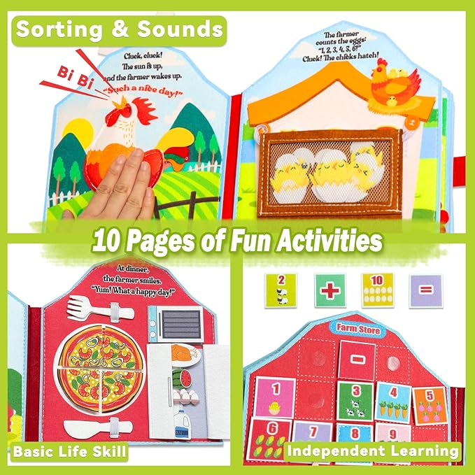 Busy Board for Toddlers 1-3, Farm Animals Quiet Busy Book for 1 Year Old, Felt Montessori Toys Educational Learning Activity Books, Airplane Car Travel Toys for Boys Girls Kids Birthday Gifts