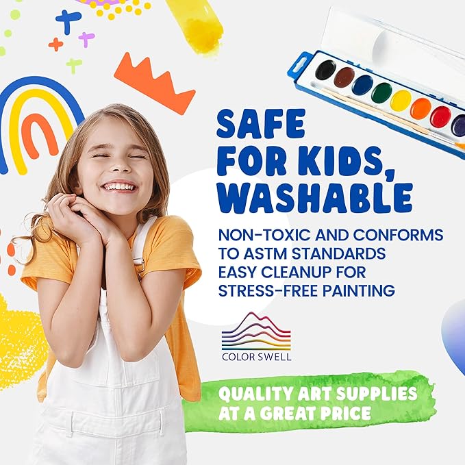 Color Swell 6 Pack Bulk Watercolor Paint Pack with Wood Brushes 8 Colors Washable Water Colors Great for Kids, Parties, Students, All Ages