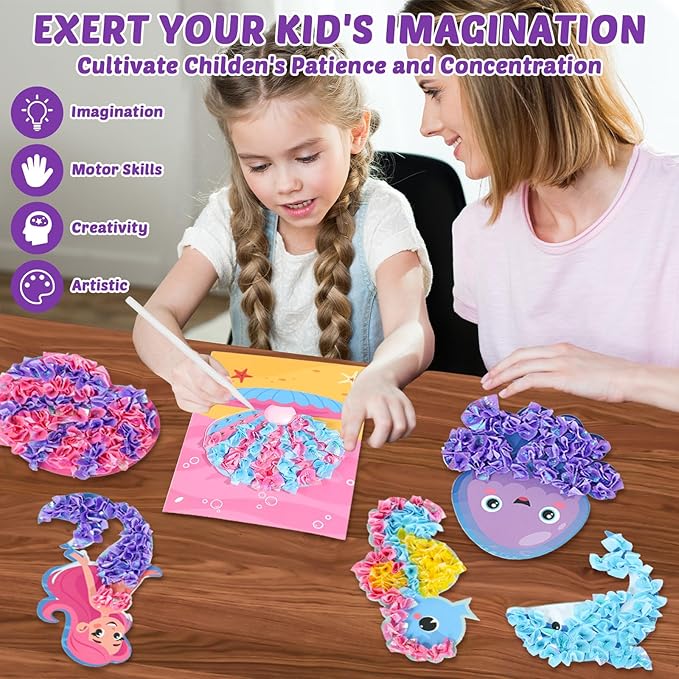 8PCS Poke-in Craft and Art Kit for Kids Mermaid Theme No-Mess Fabric Sewing Art for Girls Boys 4-12 Puzzle Puncture Painting DIY Ocean Sea Animals Toy Gifts for Activity Game Birthday Party
