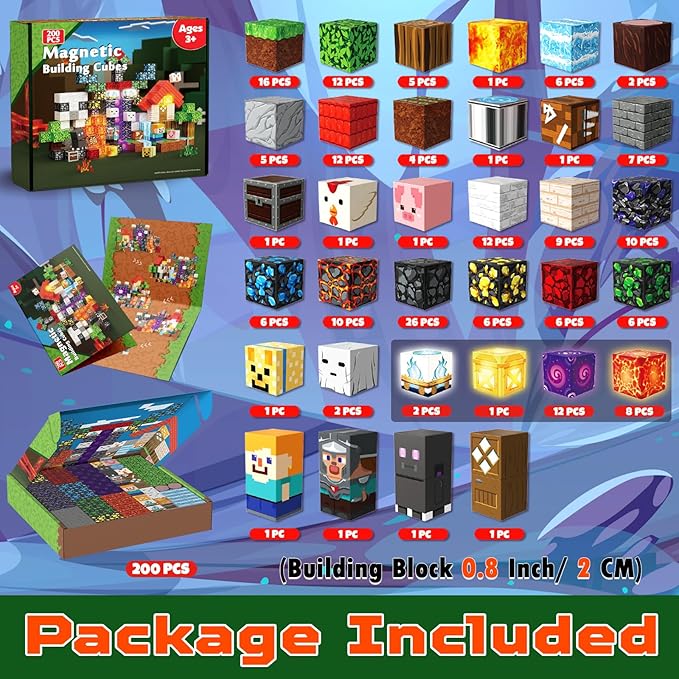 200 PCS Magnetic Blocks with Light Up Blocks - Magnetic Building Blocks, Magnetic Construction Cube Toys, STEM Sensory Learning Toys, Christmas Birthday Gifts for Toddlers Boys and Girls Age 3+