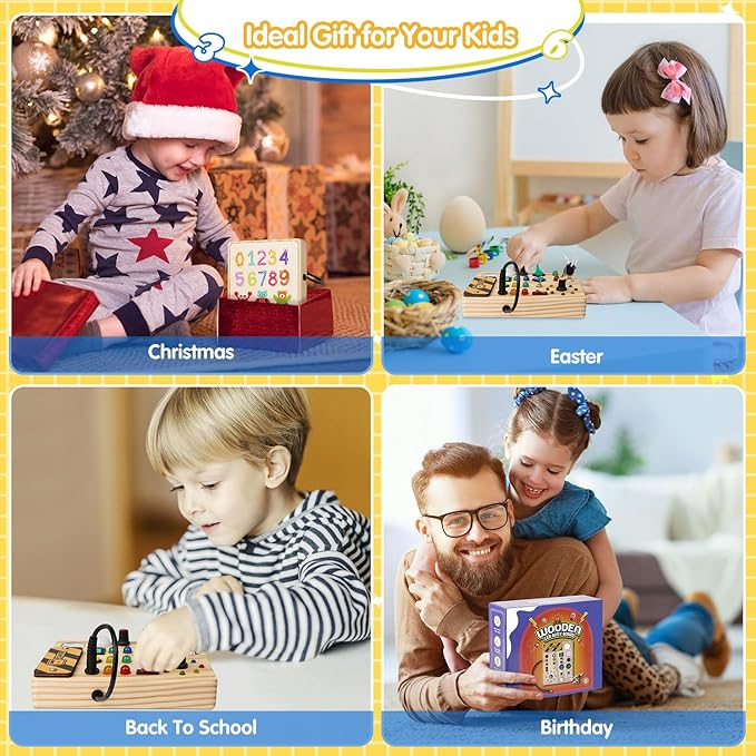Montessori Busy Board Toys: Wooden Sensory Toy for Toddler with LED Light Up Switch, Educational/Christmas/Birthday Gifts for 1-3 Year Old Boys & Girls