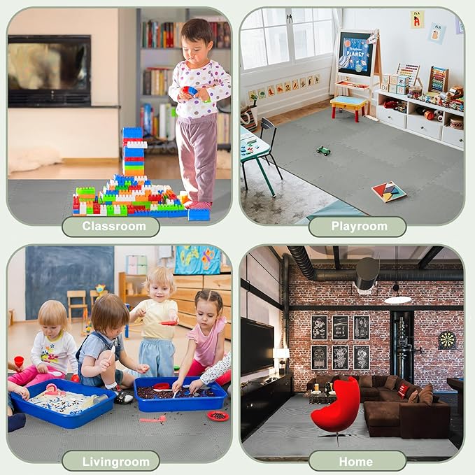 Nuanchu 60 Pcs Kids Foam Puzzle Floor Mat Bulk Solid Color Foam Play Mat with Borders Interlocking Multi Use Floor Rug for Baby Toddler Children Crawling Exercise Playroom 12 inch (Gray)
