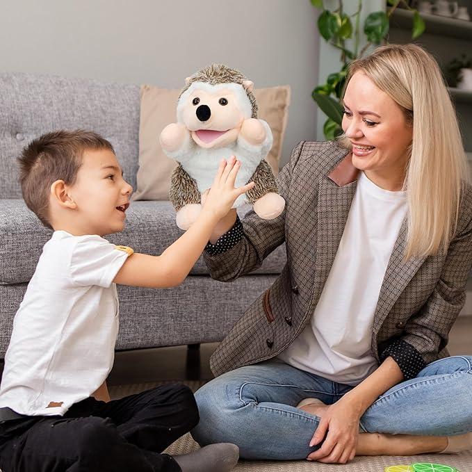 Easfan Hedgehog Hand Puppet with Movable Mouth Interactive Storytelling Cute Soft Plush Toy Creativity and Imagination Easter Christmas Birthday Gifts for Toddlers Kids,10’’