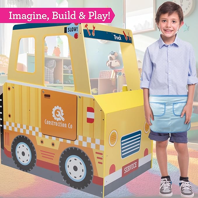 Construction Truck Wooden Playset w 60+ Toy Pieces- Pretend Hammer Saw Bolts, Screws- Spinning Turn Saw, Steering Wheel, Wood to Pull Apart- Dual Sided Stand Center, Workbench Building Kids Xmas Gift
