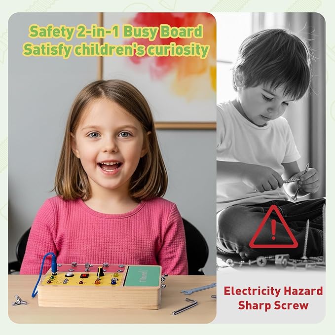 Tilhumt Busy Board with LED Light, 2-in-1 Montessori Screwdriver Board Set with 6 LED Light Switches, Toddler Montessori Switch Fidget Board with Lockable Toolbox, Travel Activity Toys for Outdoor