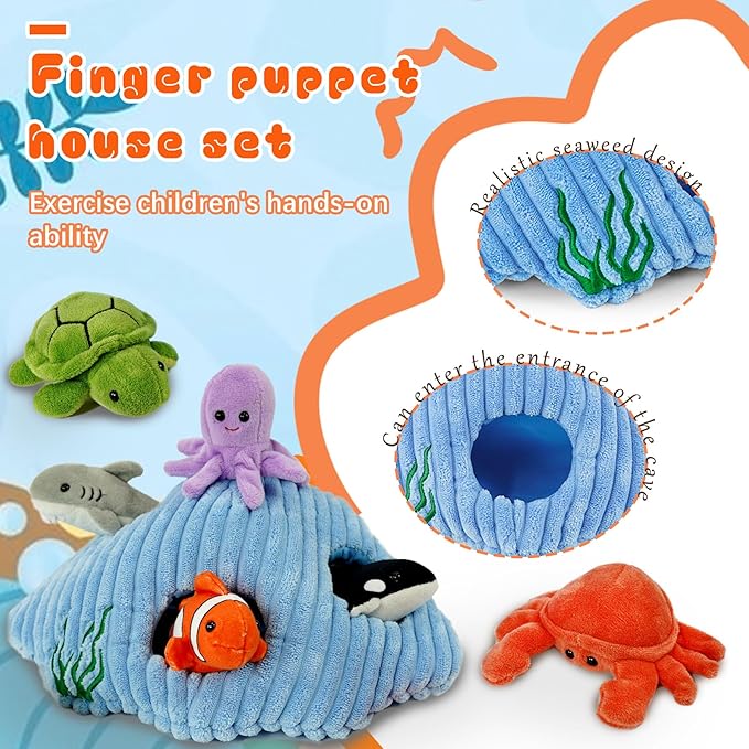 6pcs sea Finger Puppets with a Shell House, Novelty Animals Toys Puppet for Kids, Storytelling Role-Playing Plush Finger Puppets Gifts for Boys and Girls