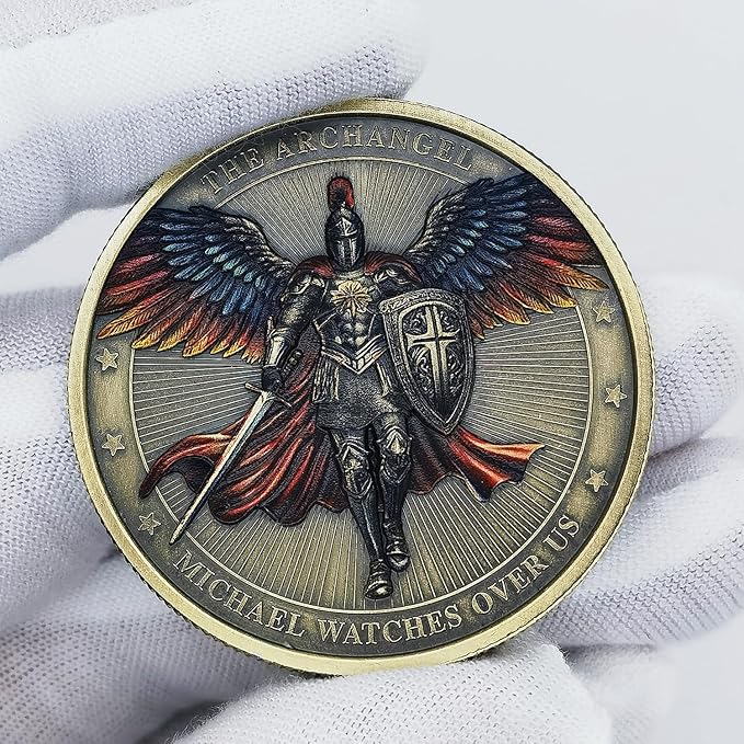 Archangel Michael Challenge Coin Religious Art Collectible with Inspirational Scripture Psalm 91:10 – 11 (Single Coin)