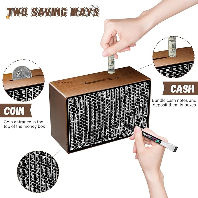 Wooden Money Saving Box, Cash Savings Box for $10000 $5000 $3000 $1000 $800 $500 Target Money Saving Challenge, Money Box with Counter/Dry Erase Pen/Savings Trackers/Rubber Band-Brown