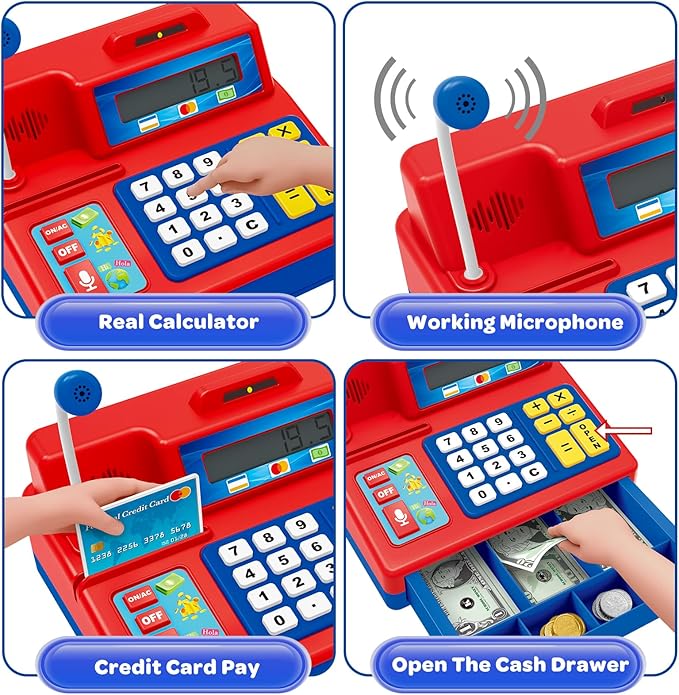 Calculator Cash Register Toy Gift for Kids Age 3, 4, 5, 6, 7, 8+ Year Old, 103 Pcs Grocery Store Playset with Microphone, Credit Card, Cash Register for Toddlers Kids 4-8