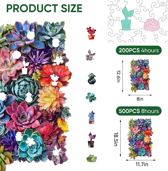 delobil Rectangular Succulent Wooden Puzzles, 200 Pieces Jigsaw Puzzles 12.6'' x8'', Unique Design Liberty Wooden Puzzles for Adults and Kids, Family Game Gift Royal Size