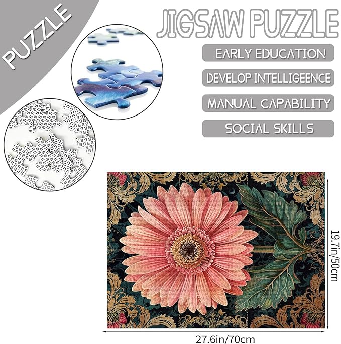 Pink Gerber Flower Jigsaw Puzzles for Adults 1000 Pieces, Multi-Petal Jigsaw Puzzle 20 x 27 Inch Colorful DIY Puzzles for Home Decoration, Family Puzzle Perfect for Game Nights 27" x 20"