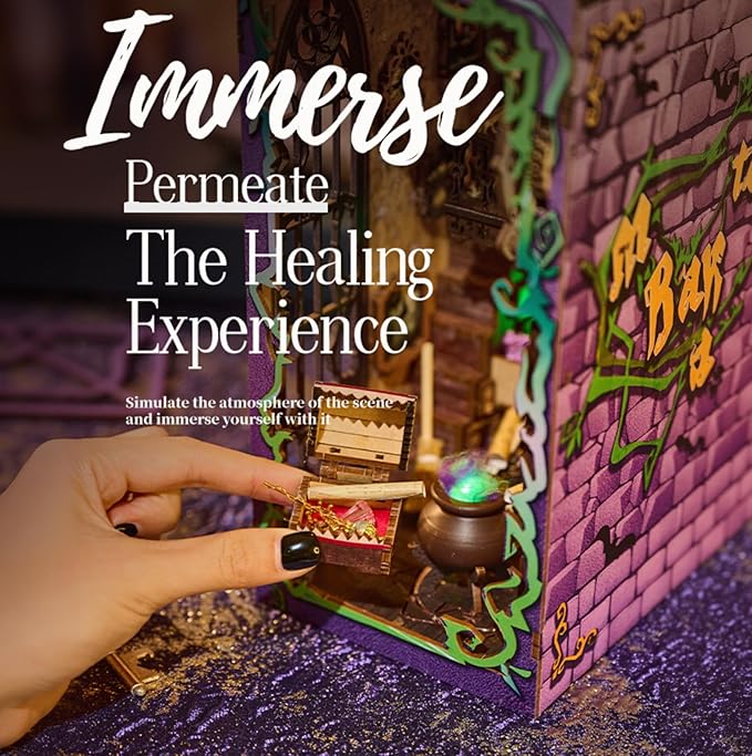 [2025 New] Mystic Theurge's Book Nook Kit with Dust Cover & LED Light, DIY Miniature House Kit Toy, 3D Wooden Puzzle Bookshelf Decor Building Kit, Birthday Gifts for Family & Friends