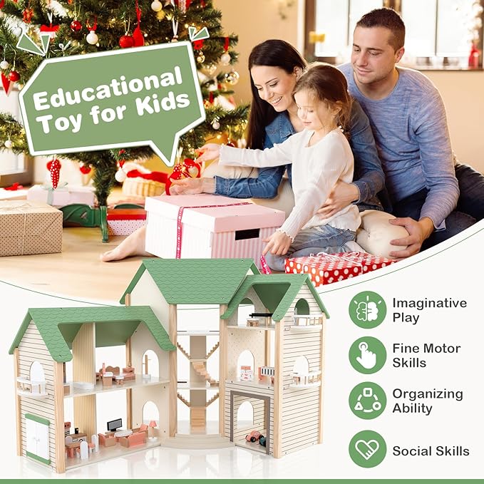 GLACER Wooden Dollhouse, Pretend House w/ 6 Rooms, 3 Storytelling, Ample Accessories, Stair & Door, Ideal Gift for Kids 3+ Years Old